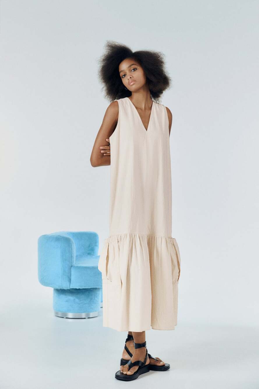 ZARA Ecru Cotton Tiered Tie Back Midi Dress XS Neutral Minimalist A-Line Coastal